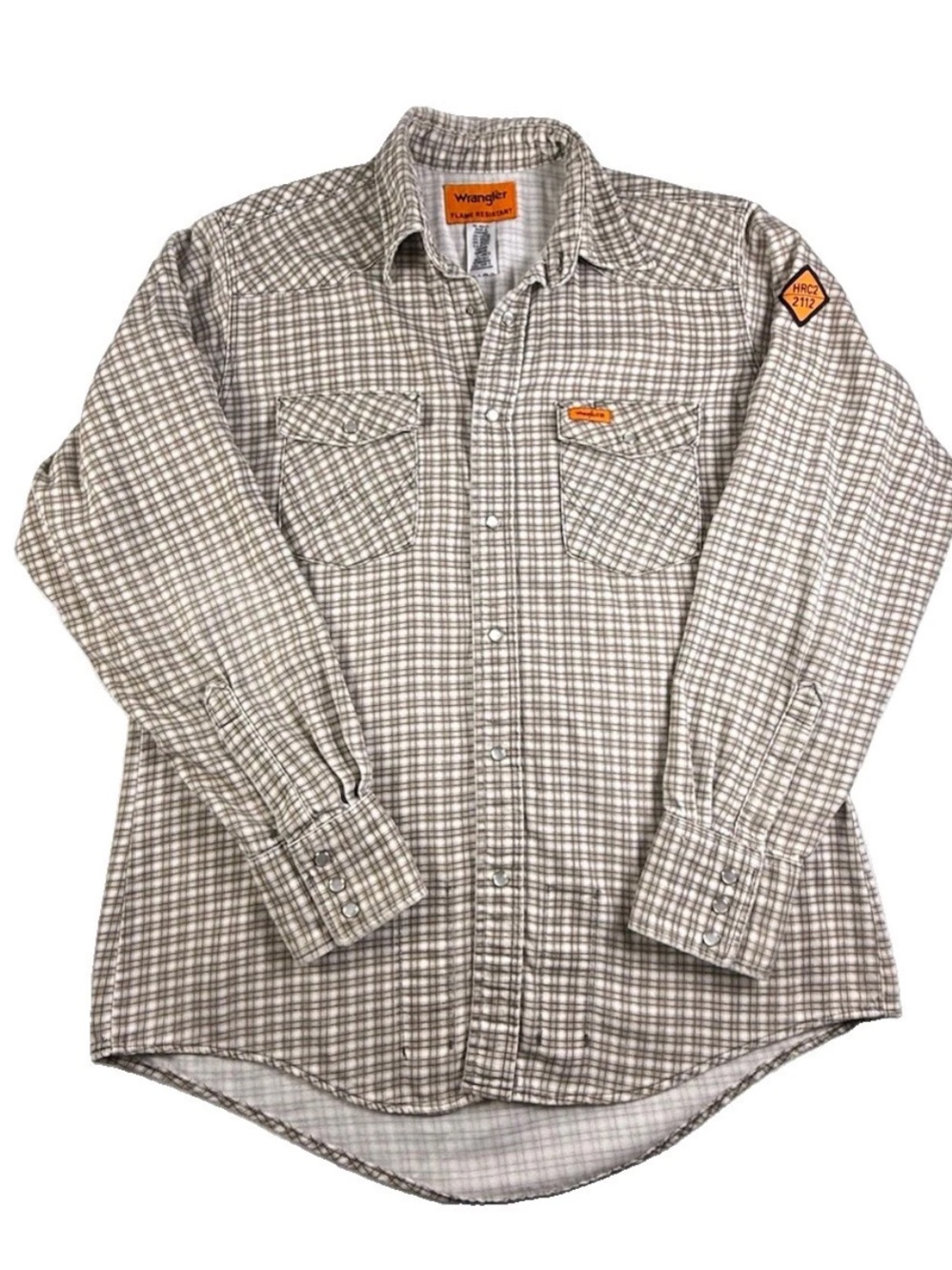 FR Wrangler Western Work Shirt Pearl Snap Men’s Large Plaid EUC FIRE RESISTANT